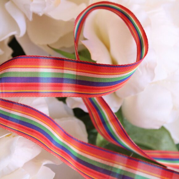 Vintage 1970s Ribbon Trim, Plaid 7/8", 2 Yards, Red Blue Yellow And Green Tartan - Picture 5 of 10